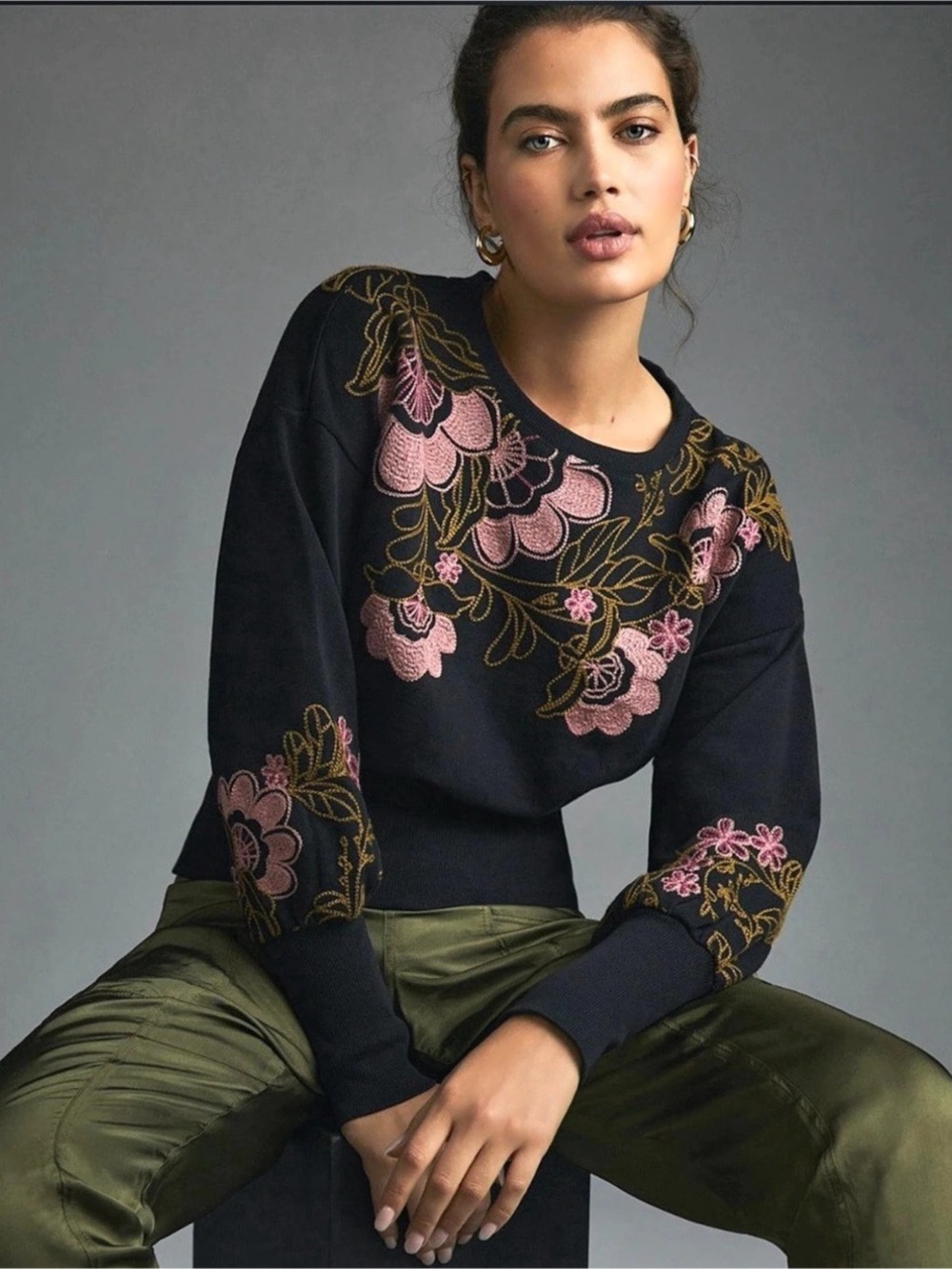 Anthropologie Floral Embroidered Crew Neck Sweatshirt in Black & Pink.